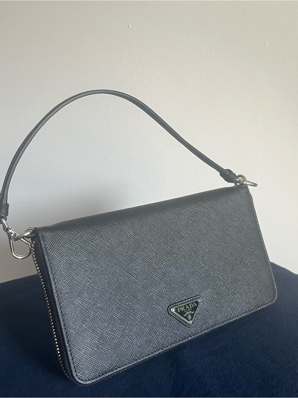 Brand New Prada clutch on strap Saffiano Leather black wallet